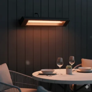 Close-up of a sleek, black wall-mounted infrared patio heater installed above a dining set.