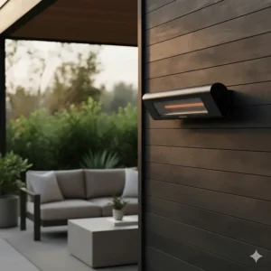 Sleek, black wall-mounted Infratech patio heater blend seamlessly with the exterior decor.