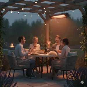 Cozy outdoor scene with people enjoying dinner under the warm glow of an efficient infrared patio heater.