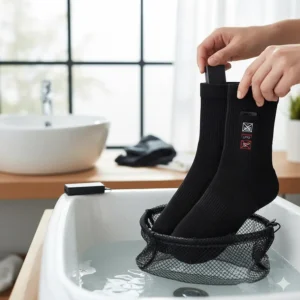 Instructions or image demonstrating how to safely wash heated socks after an intense athletic performance.