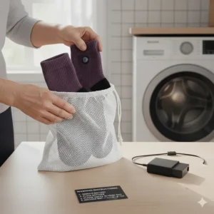 Washing instructions image showing the battery removed before placing the heated socks in a laundry mesh bag.