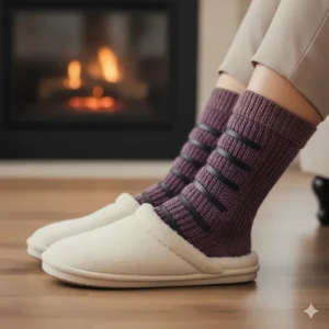 Heated socks being worn comfortably inside house slippers, perfect for keeping seniors warm at home.