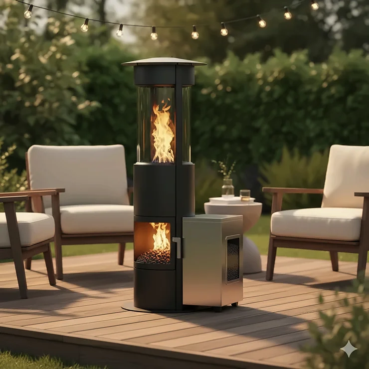 Modern wood pellet patio heater providing sustainable warmth on an outdoor deck.