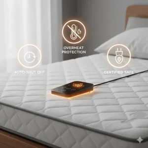 Icon-based illustration highlighting the automatic shut-off and overheat protection on a heated mattress pad.