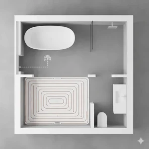 A top-down architectural layout showing the precise placement of floor heating mats in a luxury bathroom renovation.