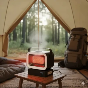A rechargeable, battery-powered camping space heater, perfect for brief trips where electricity or fuel is not accessible.