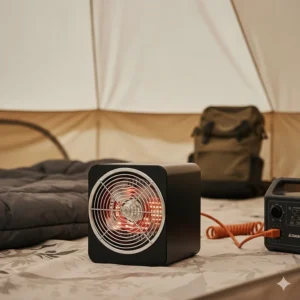 An electric tent heater with a fan and ceramic element, illustrating the best option for powered camping sites.