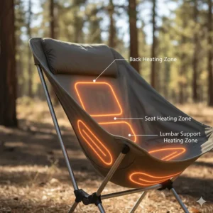 Diagram illustrating the three main heat zones—back, seat, and lower lumbar—within the fabric of the best heated camping chair.