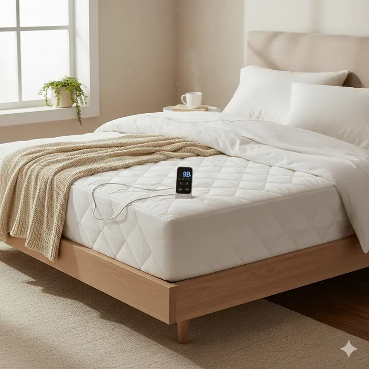 A cozy queen bed setup featuring the best heated mattress pad with dual controllers for personalized warmth. best heated mattress pad queen