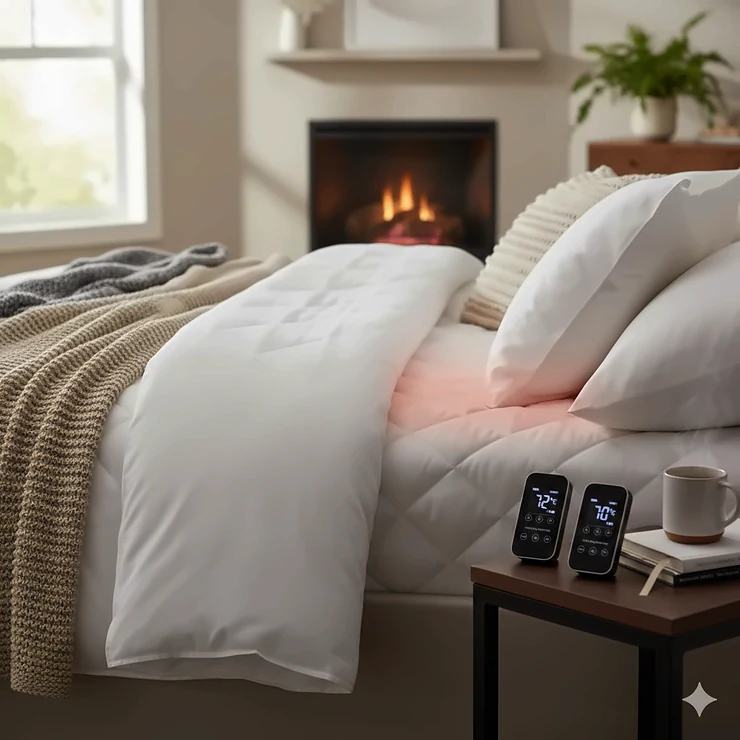 A cozy bedroom featuring one of the best heated mattress pads with dual-zone temperature controllers on a white quilted bed.