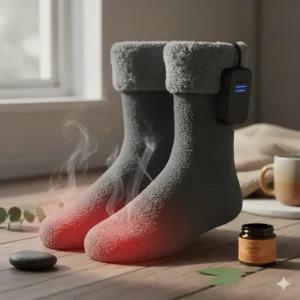 A pair of comfortable, fleece-lined heated socks displayed on a wooden floor, highlighting the best features for people suffering from chronic arthritis.