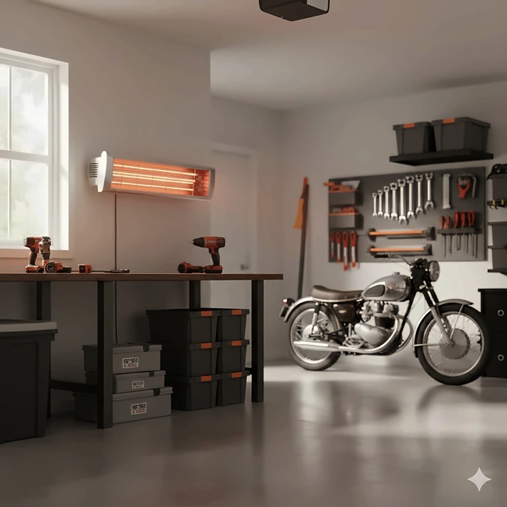 A wall-mounted infrared garage heater providing radiant heat to a two-car residential workshop.
