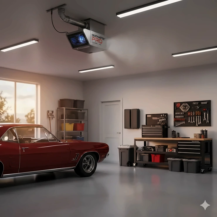 A professional installation of a natural gas garage heater mounted on a ceiling corner in a modern two-car garage.