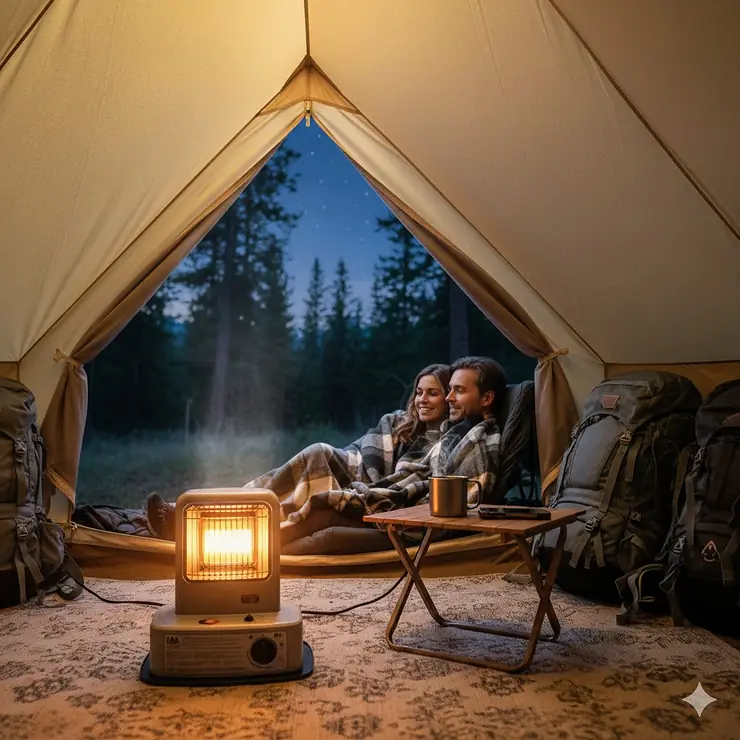 A compact, radiant camping space heater warming the inside of a brightly lit tent on a cool evening.