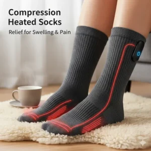 Image of heated socks that also incorporate mild compression features, beneficial for swelling and pain relief associated with inflammatory arthritis in the ankles and feet.