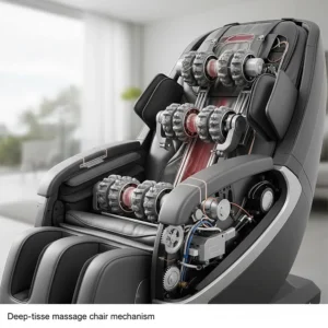 Close-up of the advanced deep tissue roller mechanism inside the massage chair, illustrating the kneading and tapping functions.