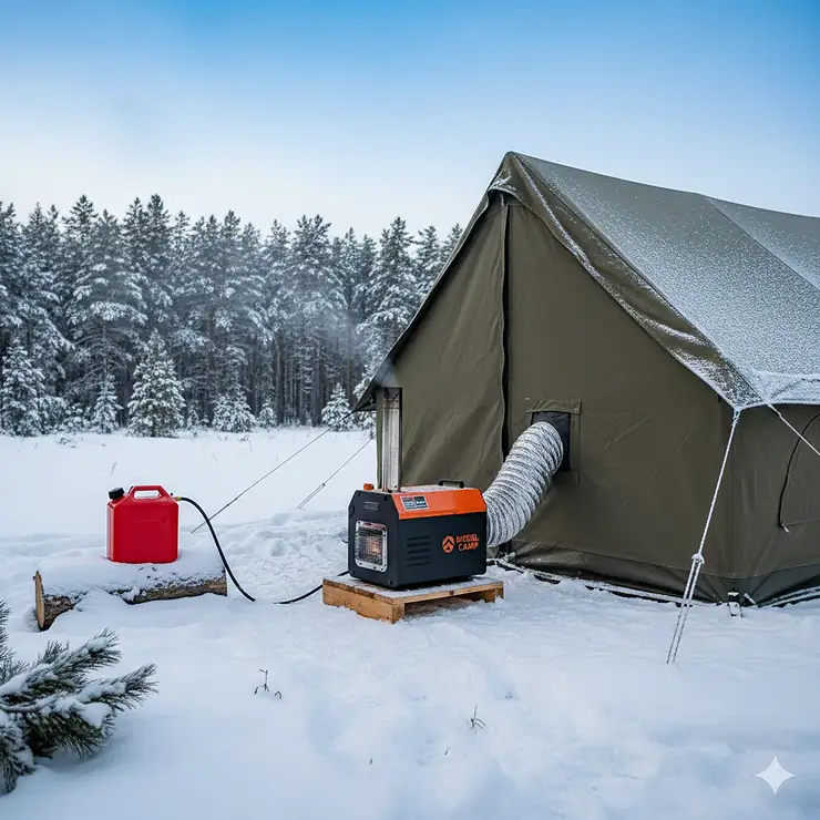 A compact diesel heater safely set up just outside a large canvas tent, with the exhaust pipe properly vented, providing warm air inside for comfortable winter camping. diesel heater for tent