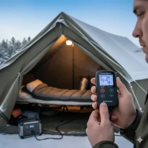 Hand holding the digital thermostat controller for a diesel heater, displaying the current and desired temperature settings inside a cold-weather tent.
