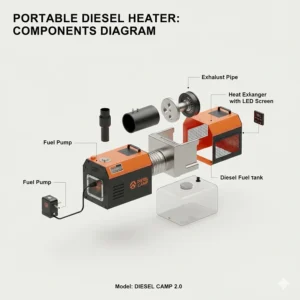 Exploded view diagram labeling the main components of a common portable diesel heater unit, including the fuel pump, combustion chamber, and air blower.