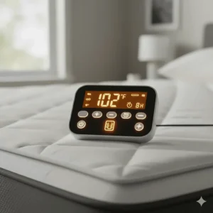 Close-up illustration of a digital controller with various heat levels for customized back pain management.