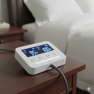 Close-up of digital dual controls for a king size heated mattress pad featuring backlit buttons and heat level indicators.