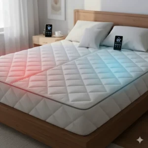 Illustration showing a split-queen heated mattress pad with independent temperature settings for two sleepers.