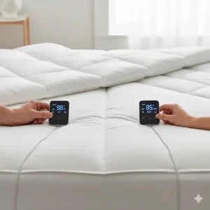 Illustration showing dual-zone temperature controls on a queen heated mattress pad for couples.