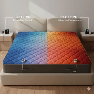 Illustration showing independent left and right heating zones on a king size mattress pad for personalized temperature settings.