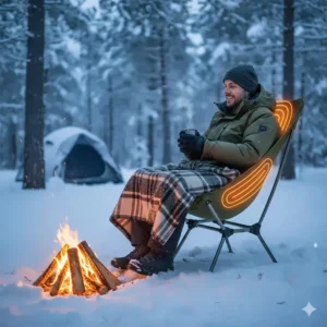 A durable heated outdoor chair being used by a camper at a campsite in a chilly, snowy environment.