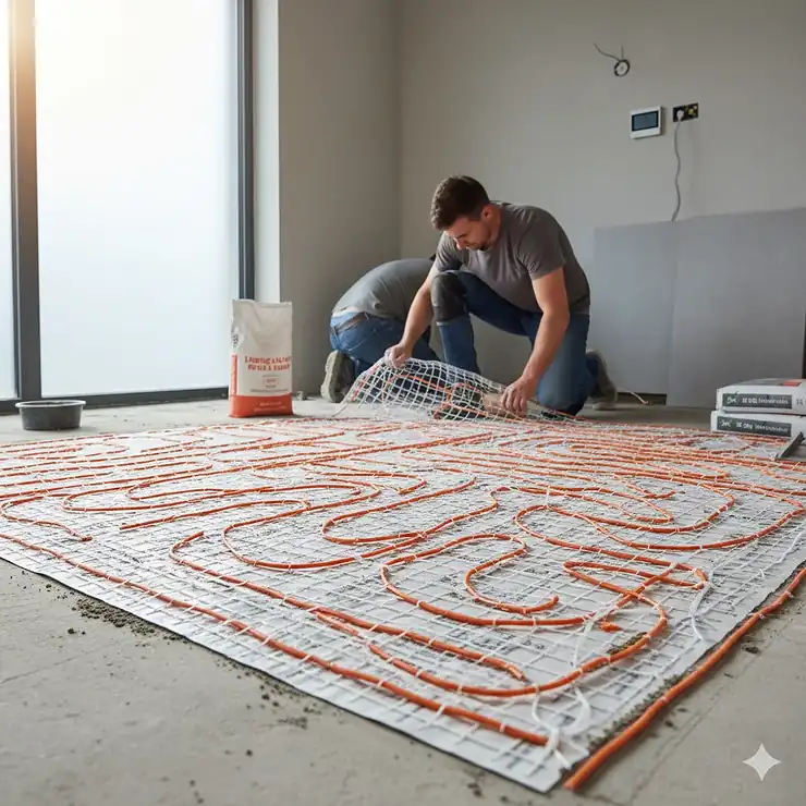 A professional installation of an electric floor heating mat on a concrete subfloor in a modern, sunlit room.