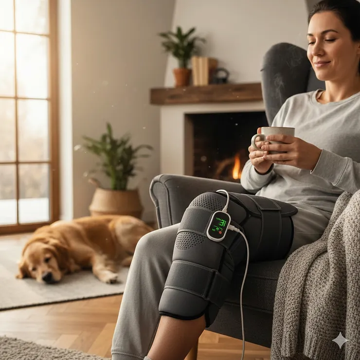 A person wearing an adjustable electric knee heating pad wrap for joint pain relief.