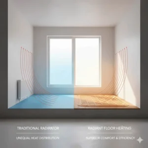 An infographic-style photorealistic image showing radiant heat waves rising from a floor heating mat for energy efficiency.