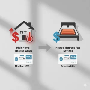 A graphic illustrating how using the best heated mattress pads can lower home heating costs during winter.