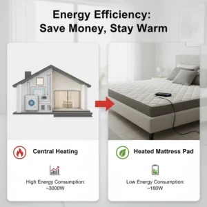 Graphic comparing the energy efficiency of a heated mattress pad versus running a central heater.