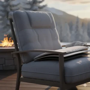 Detail shot emphasizing the padded seat and backrest for superior comfort in the ergonomic design of the heated lawn chair.