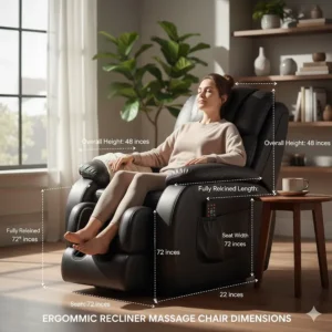 A person comfortably seated in the ergonomic recliner massage heat chair, illustrating the chair's size and dimensions in a typical room setting.