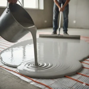 A contractor pouring self-leveling compound over an electric floor heating mat to create a smooth surface for tiling.