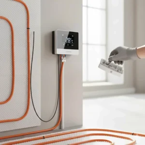 A close-up of a digital wall thermostat being wired to a radiant floor heating mat system in a high-end home.