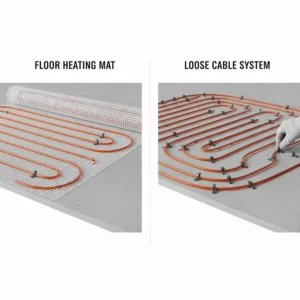 A side-by-side comparison of a pre-spaced floor heating mat versus a loose heating cable system on a construction site.