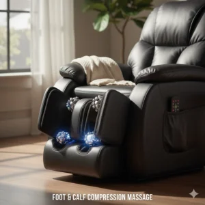 View of the footrest area of the chair, highlighting the air compression and shiatsu massage features for the feet and calves.