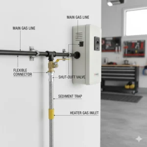 A detailed illustration of the gas supply line, shut-off valve, and flexible connector for a garage unit heater.