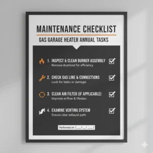 An infographic highlighting annual maintenance tasks for a gas garage heater, including burner cleaning and vent inspection.
