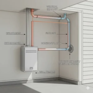 A technical diagram showing the proper vertical and horizontal exhaust venting for a gas garage heater.
