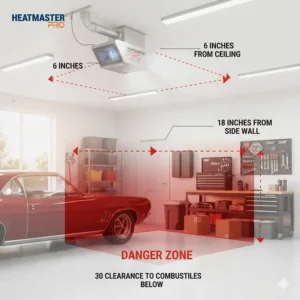 An illustration showing minimum safety distances between a gas garage heater and combustible materials or walls.