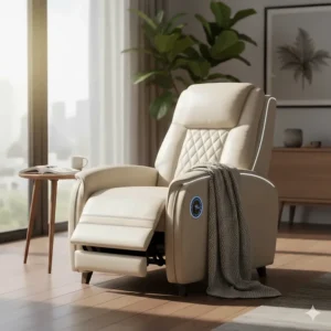 A cozy, leather heated chair with a built-in massage function, shown in a modern living room setting to illustrate comfort and style.