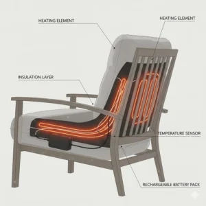 Close-up diagram showing the safe and efficient heating element and technology embedded within the fabric of the heated outdoor chair.