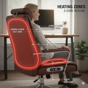 Diagram showing the three different heating zones located in the back and seat of the office chair.