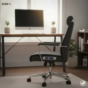 A stylish heated office chair positioned in a modern home office setup next to a window.