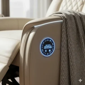 Close-up of the easy-to-use digital controller for adjusting the temperature and heat settings of the heated chair.