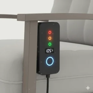 Image showing the easy-to-use control panel and three adjustable temperature settings on the side of the heated outdoor chair.